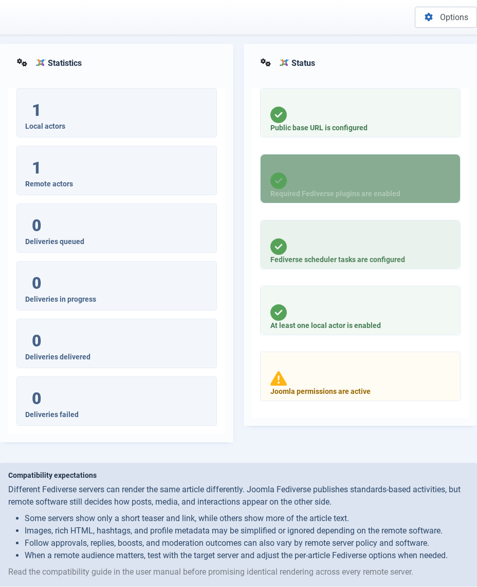 Joomla Fediverse admin dashboard